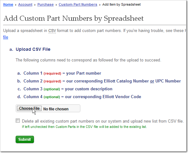 Upload Spreadsheet to Add / Create Custom Part Numbers