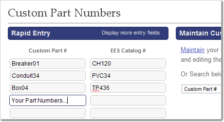 Rapid Entry for Creating Custom Part Numbers