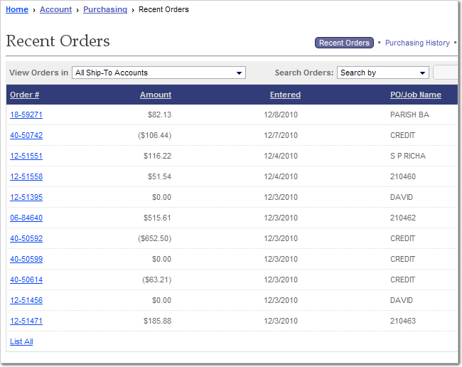 Image of Recent Orders List