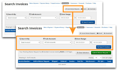 Start waiver request and search invoices